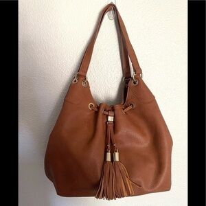 IMOSHION  tan faux leather satchel bag purse drawstring tassel bag
